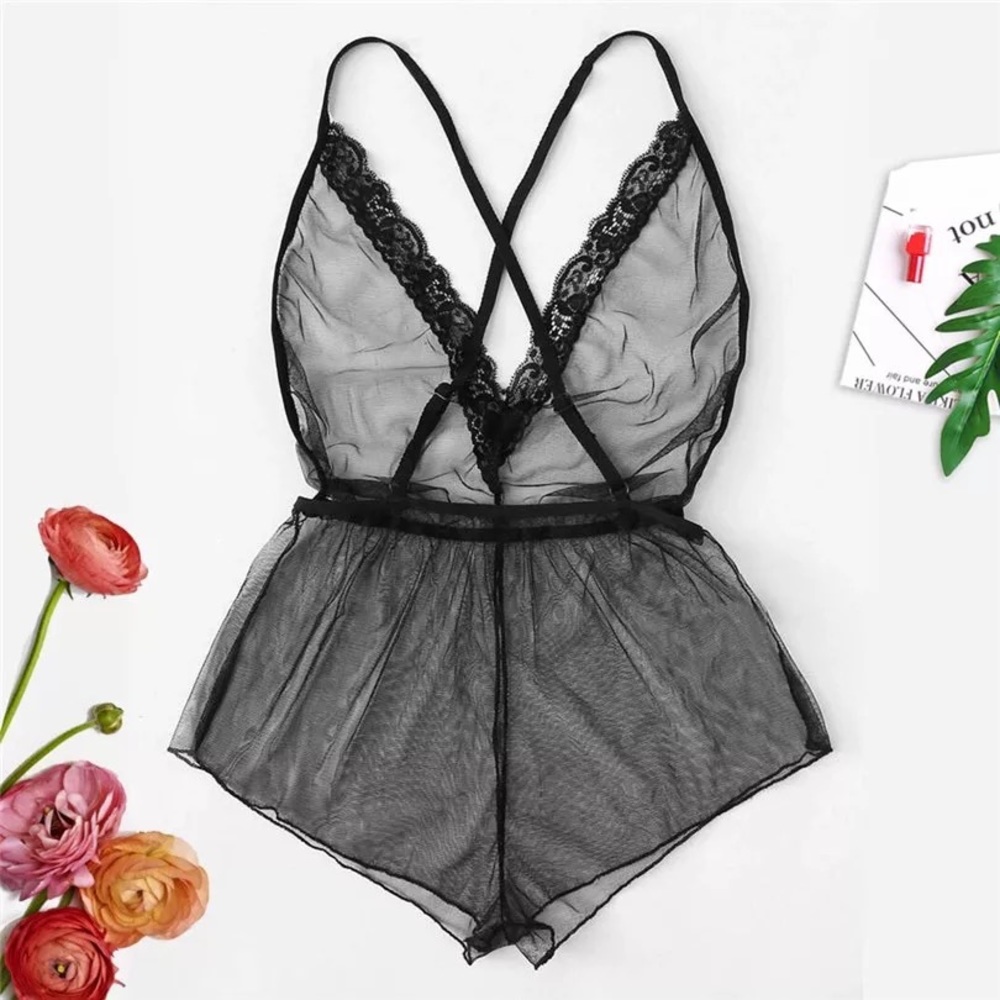 New Black Mesh & Lace Romper Lingerie